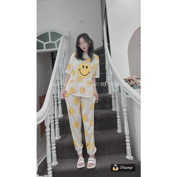 Set Bộ Nữ, Sét Bộ Ao Thun Tay Lỡ Hình Mặt Cười Kèm Quần Thun Dài Bo Gấu Phong Cách Hàn Quốc