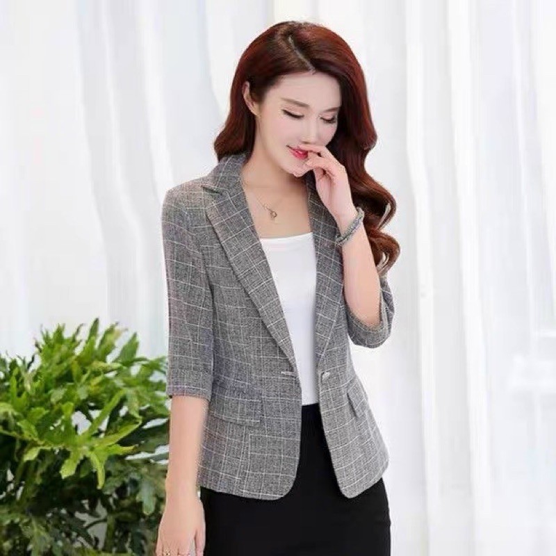 Áo vest xinh diện bốn mùa AV01 blazer nữ mẫu kẻ tay lỡ có túi