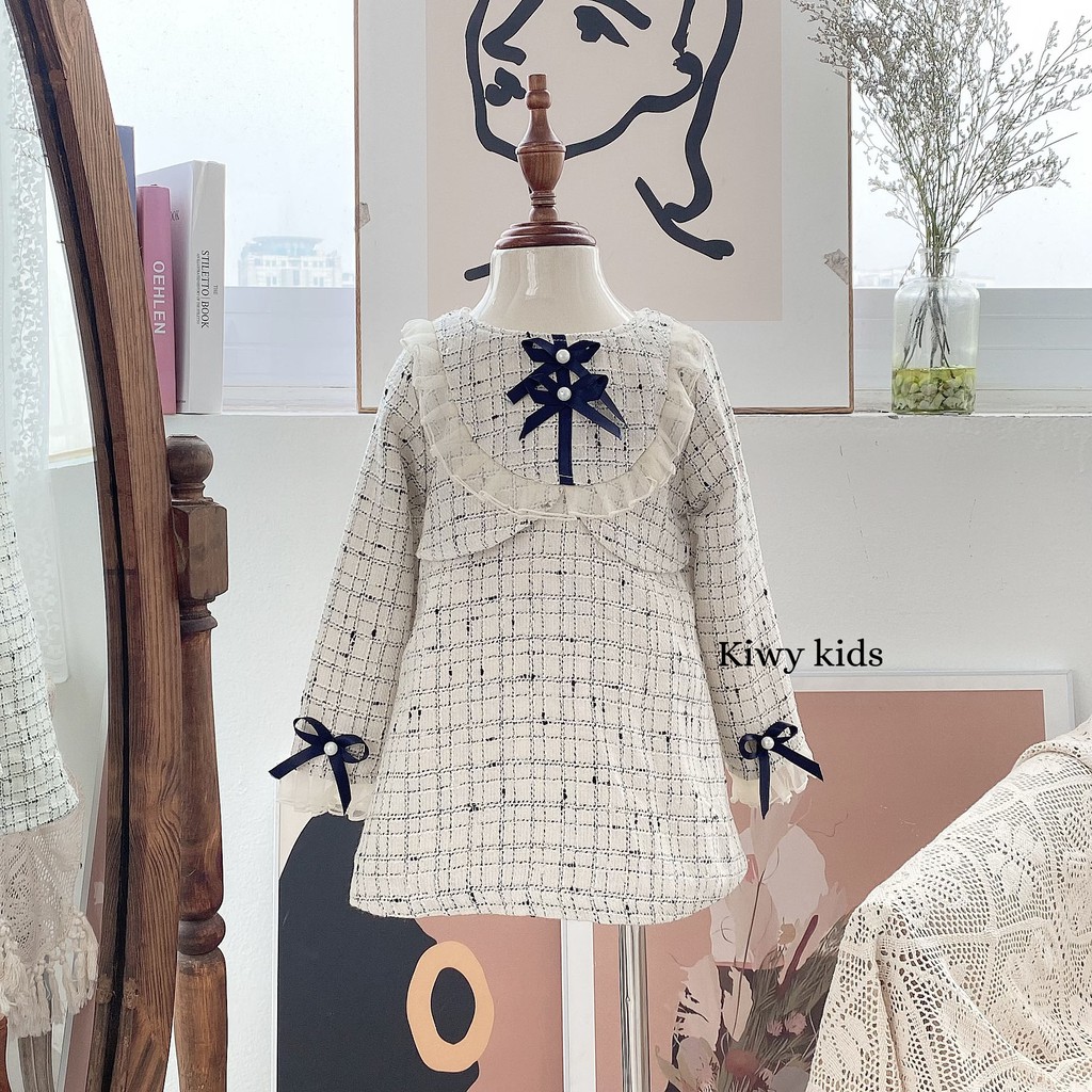 Váy dạ lót lông bé gái Kiwy Kids chất liệu dạ tweed ấm áp đính nơ dễ thương Kids70 cho bé gái từ 1 đến 7 tuổi