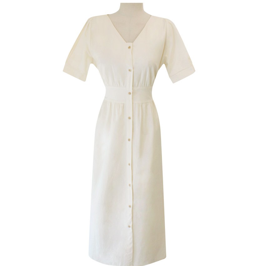 Đầm maxi ngắn tay cổ chữ V màu trơn thời trang 34034