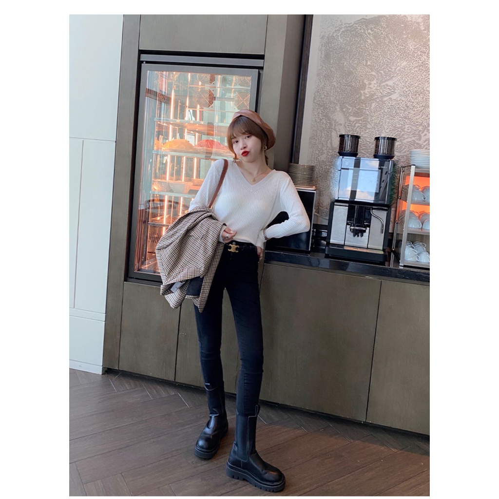 ZHELIHANGFEI Áo Len Tay Dài Cổ Chữ V Dáng Ôm Quyến Rũ Trẻ Trung Hợp