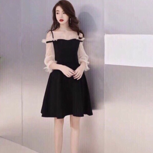 Đầm xoè trễ vai tay lưới dự tiệc
