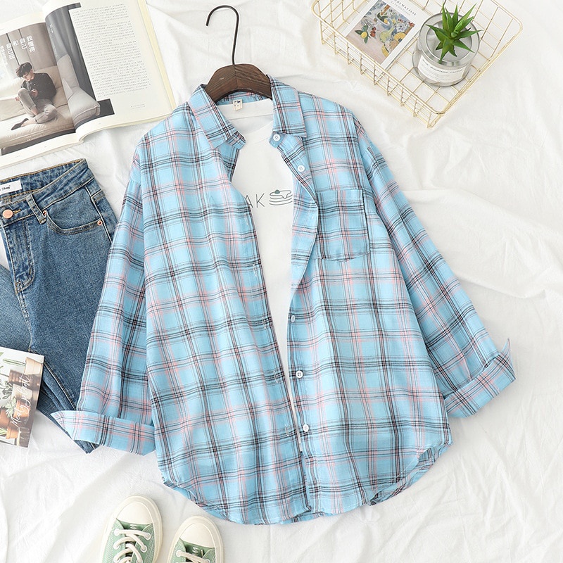 Áo Sơ Mi SixSisters Chất Liệu Cotton Kẻ Sọc Ca Rô Tay Áo Dài Thời Trang Cho Nữ