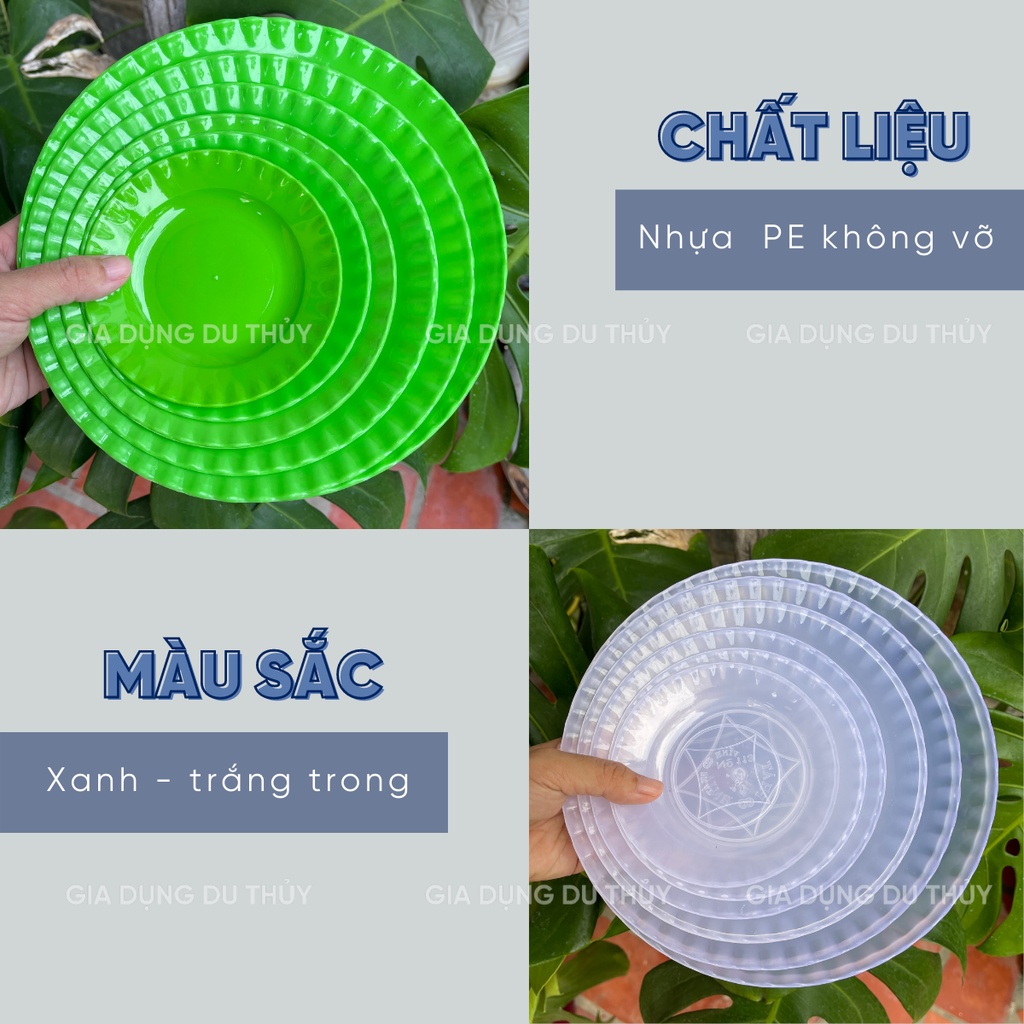 Dĩa nhựa tròn nhỏ giá rẻ màu trắng trong, màu xanh lá chất liệu nhựa PE không vỡ của gia dụng Du Thủy