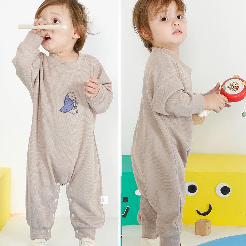 Bộ Áo Liền Quần Bằng Vải Cotton In Hoạt Hình Gấu Kèm Nón Thời Trang Mùa Thu Cho Bé Sơ Sinh