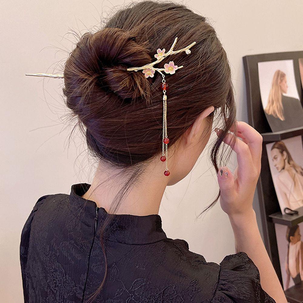 Trâm Cài Tóc 15H Bằng Kim Loại Hình Hoa Mận Phối Tua Rua Phong Cách Trung Hoa Cổ Điển Cho Nữ