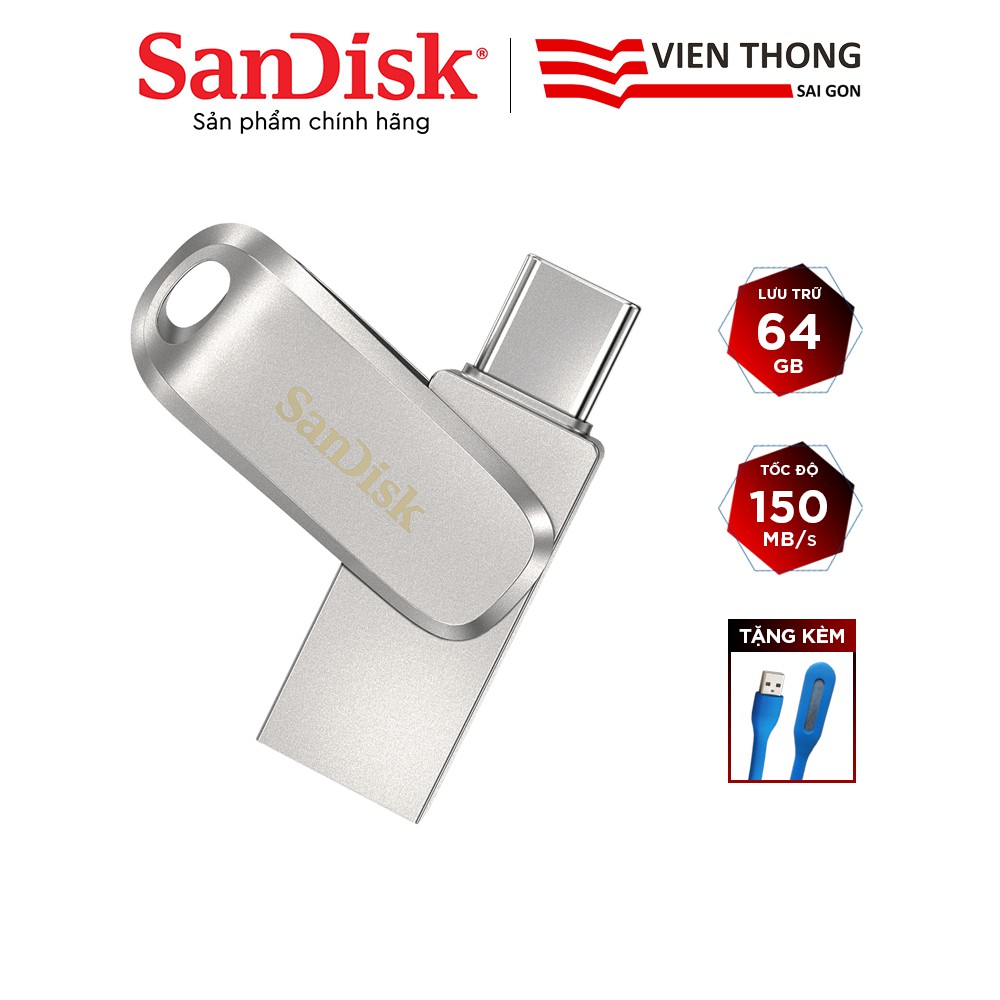 USB OTG 3.1 Gen 1 SanDisk 64GB SDDDC4 Ultra® Dual Drive Luxe USB Type-C upto 150MB/s vỏ kim loại tặng kèm đèn LED USB