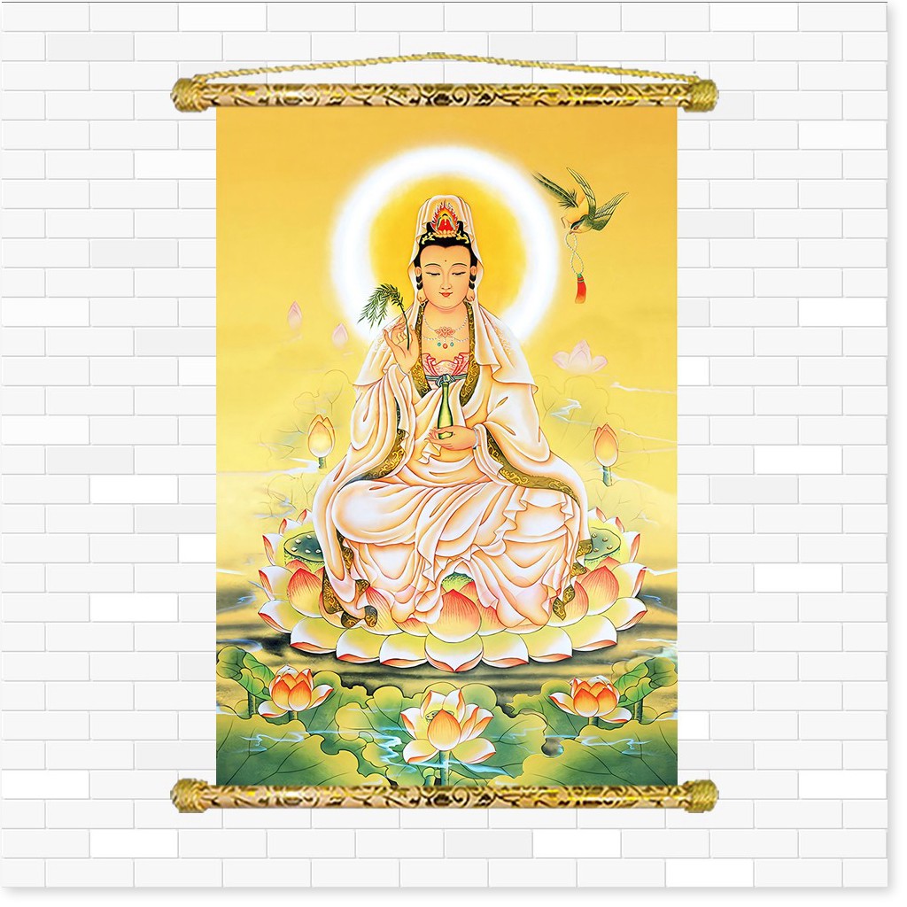 Tranh Liễn Phật Giáo - Quan Thế Âm Bồ Tát, Vải canvas cao cấp nẹp sáo gỗ tự nhiên tặng vòng tay phật giáo | BigBuy360 - bigbuy360.vn