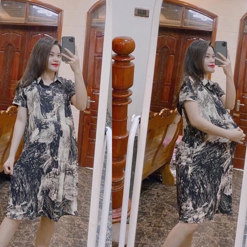 Đầm bầu ngắn tay sơ mi loang M053 chất đũi hàn thời trang thiết kế freesize từ 45 đến 70kg