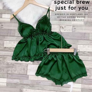 Bộ ngủ hai dây SATIN phối ren có mút ngực