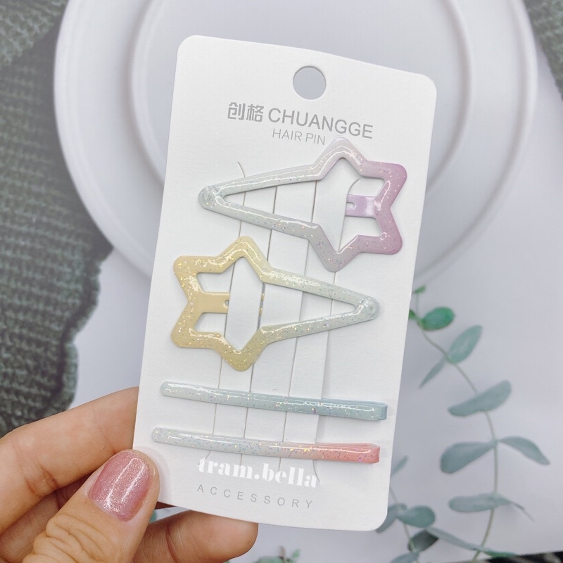 set 4 kẹp tóc màu loang nhũ kẹp tóc kiểu
