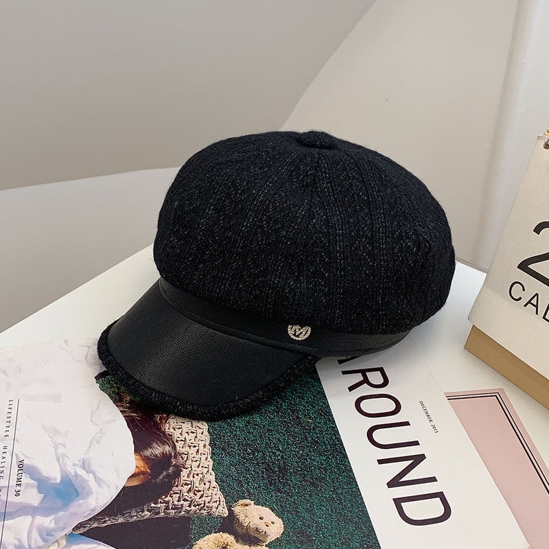 Mũ beret da PU họa tiết kẻ sọc thời trang retro cho nữ