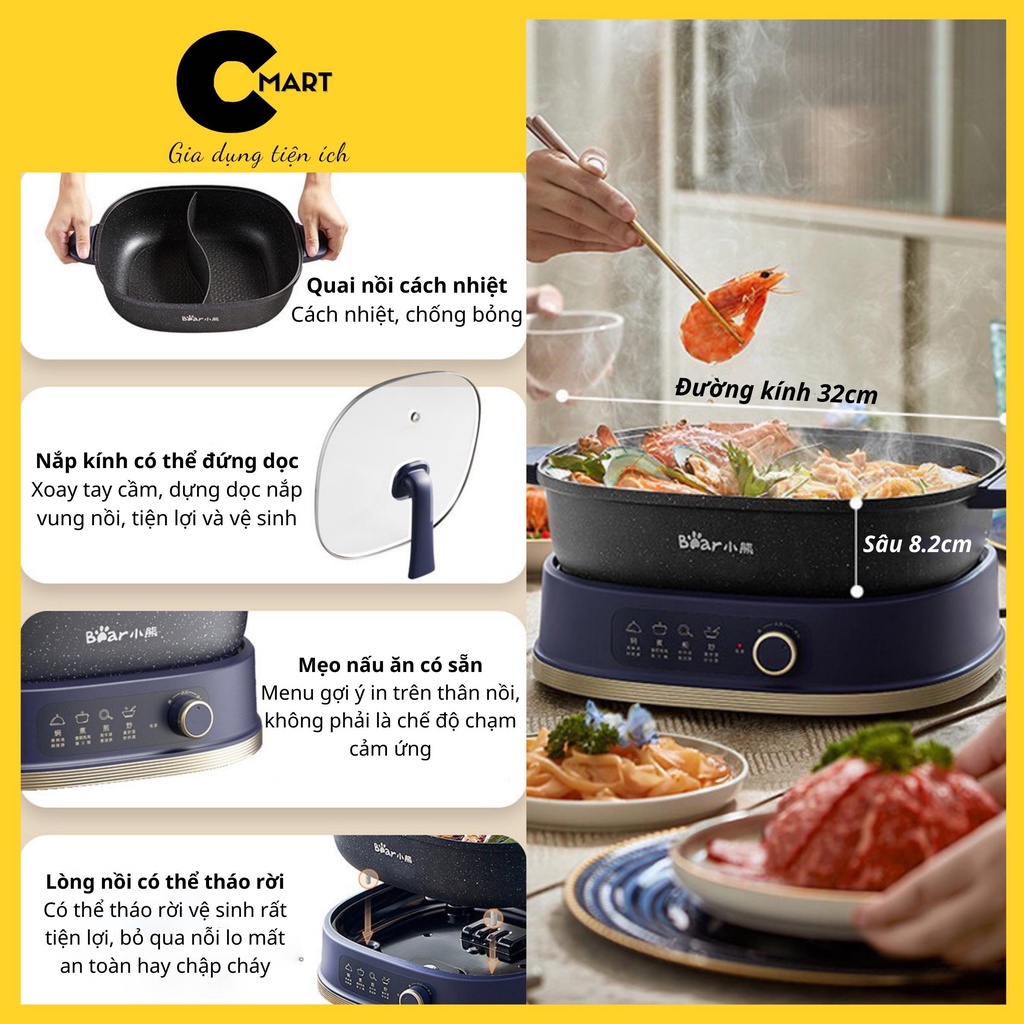 Nồi Lẩu Điện Hai Ngăn Đa Năng Chống Dính Cao Cấp BEAR DHG-C60D1 Dung tích 6L