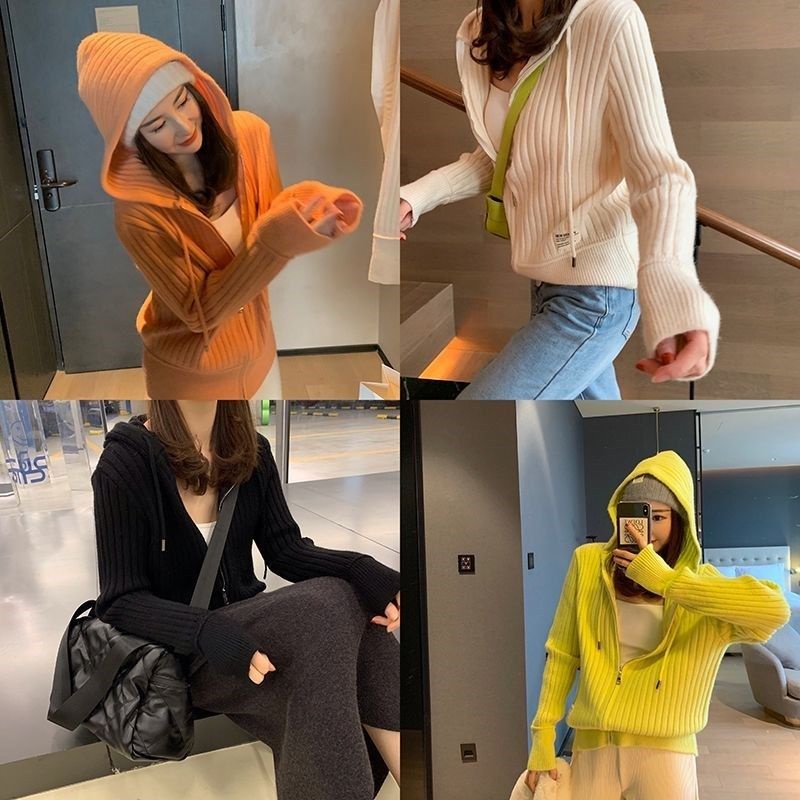 Áo khoác cardigan dệt kim dáng rộng có nón phong cách Hàn Quốc mới cho nữ