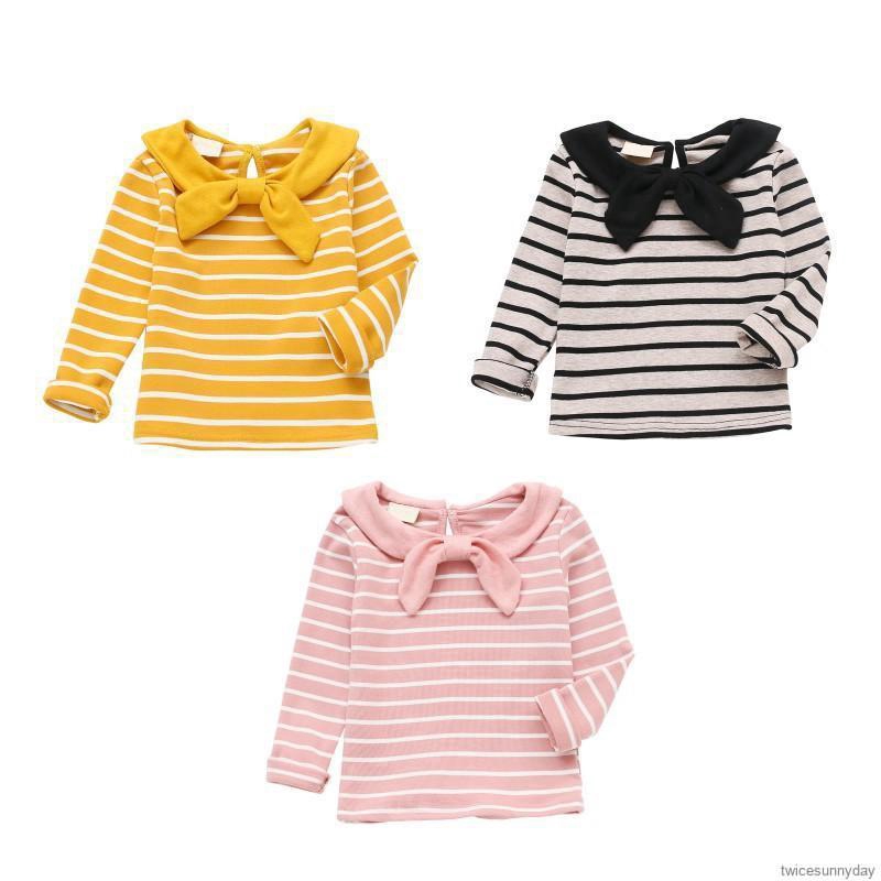 Áo tay dài họa tiết sọc ngang phối nơ cổ áo xinh xắn cho bé gái