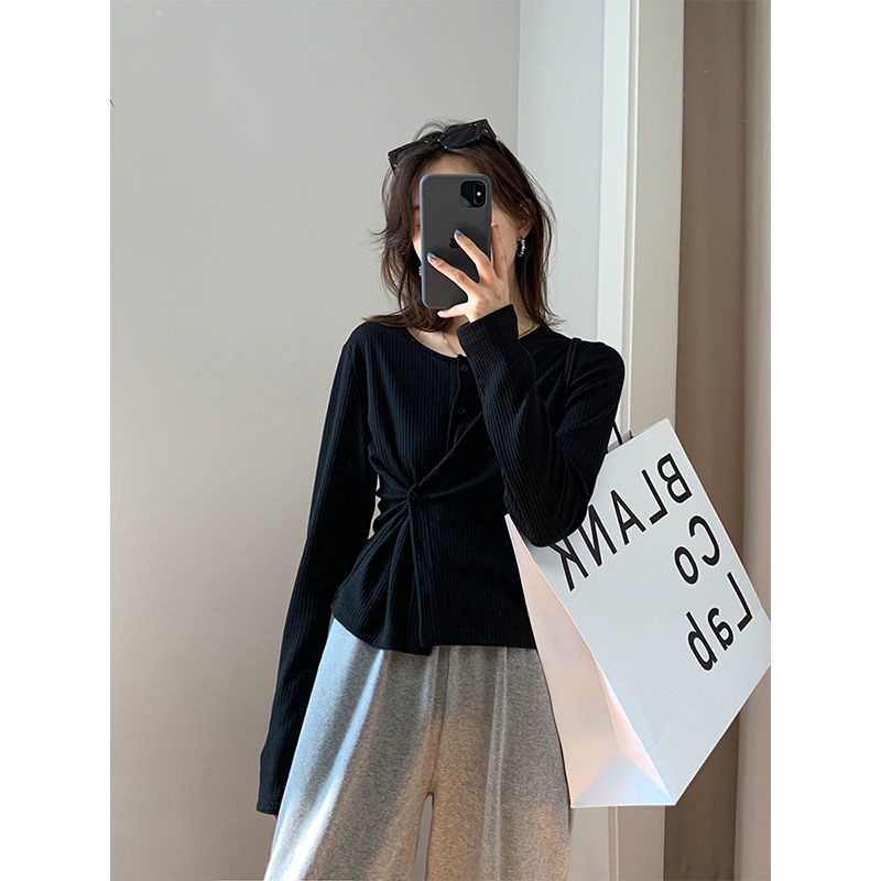 Áo thun tay dài cổ tròn cài nút bên hông phong cách Hàn Quốc thời trang mùa xuân cho nữ