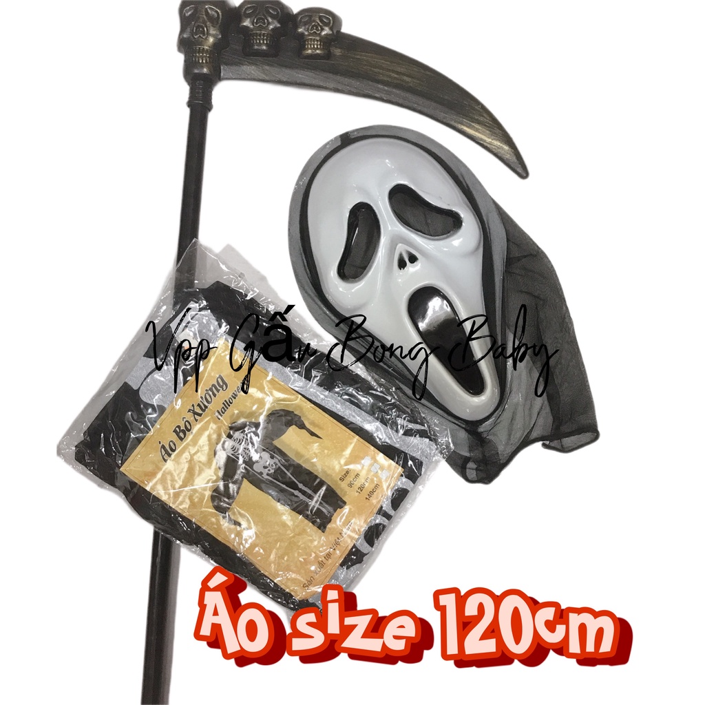 Nguyên set áo bộ xương hóa trang thần chết gồm áo mặt nạ, lưỡi hái - trang phục hóa trang thần chết lễ hội Halloween.