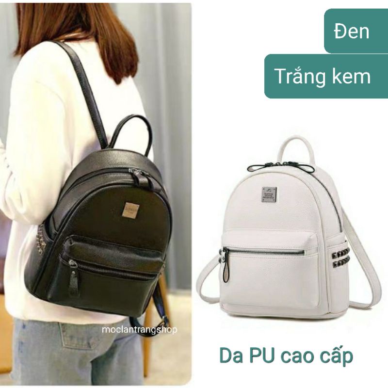 Balo nhỏ khung cứng họa tiết đinh tán bằng da cao cấp - Ba lô mini trắng đen nữ thời trang nhiều ngăn có khóa