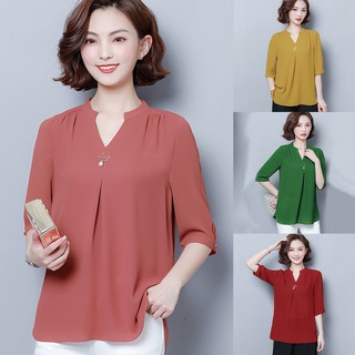 Women's Casual V-Neck Plus Size Solid Color Blouse Three Quarter Sleeve Shirt