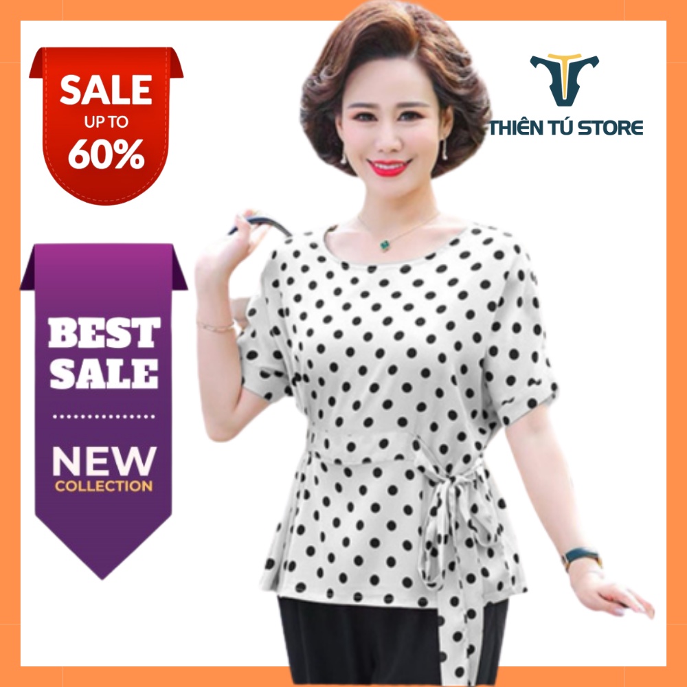 Áo trung niên cho mẹ sang trọng u40 u50 họa tiết chấm bi ngắn tay cổ tròn thanh lịch form dáng rộng thoải mái dễ mặc