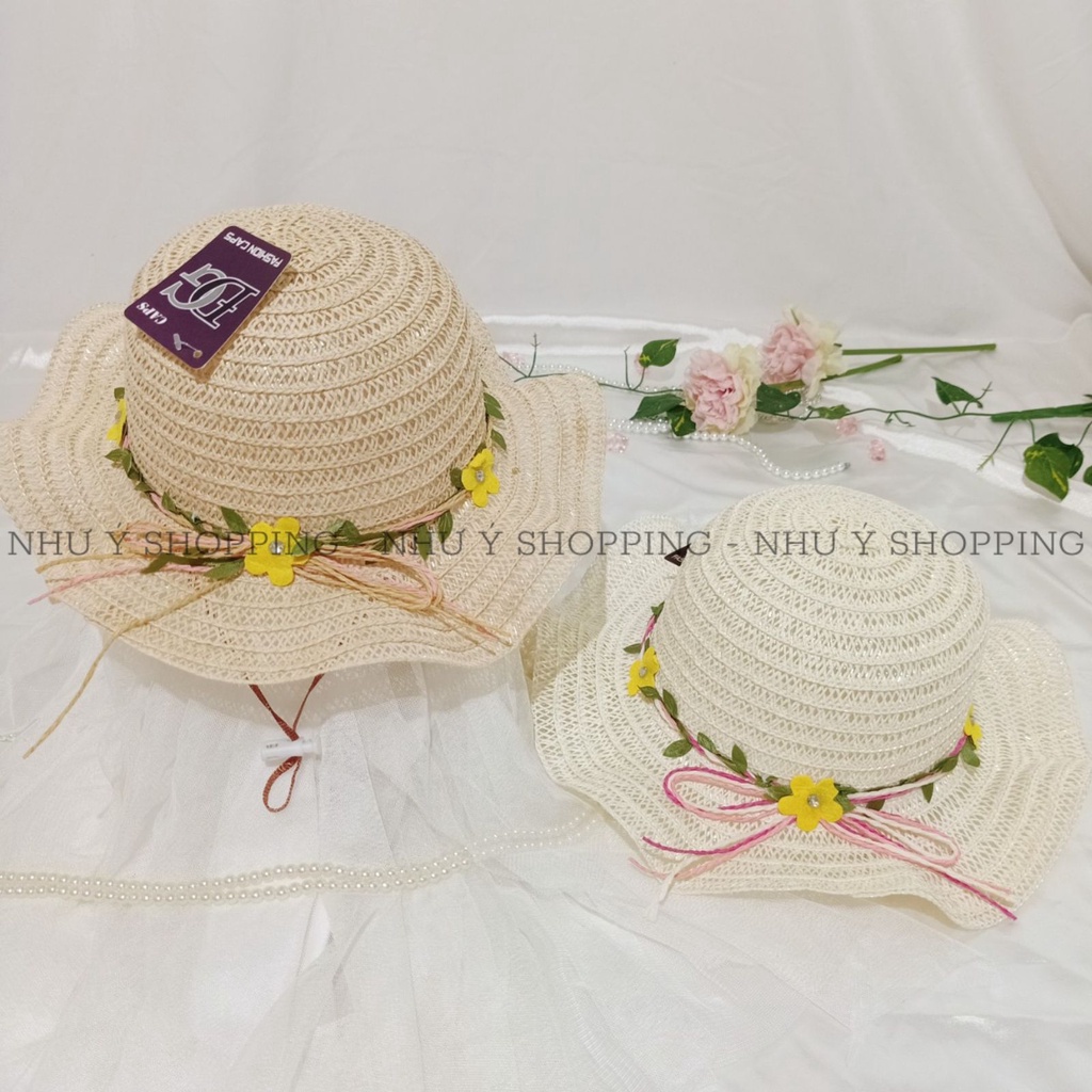 Nón mũ cói mềm vành lượn sóng hoa lá tiểu thư xinh cho bé gái có dây rút điều chỉnh,trên 4 tuổi vừa-q12 sóng bé