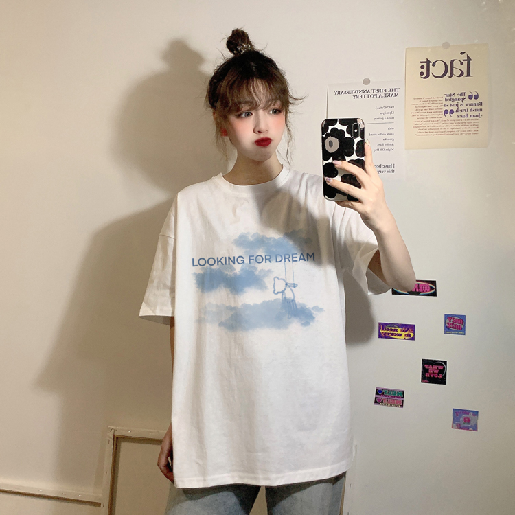 Áo Thun Nữ Ngắn Tay Dáng Dài In Hình Đám Mây Dễ Thương