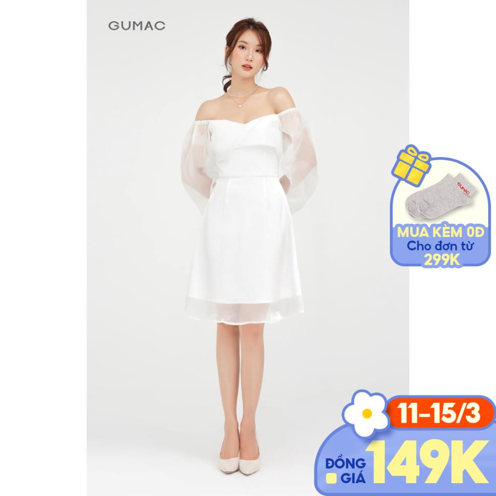 [Mã WABRGU50 giảm 10% đơn 250K] Đầm xòe nữ xếp ngực cổ U màu trắng hở vai quyến rũ GUMAC DB5110