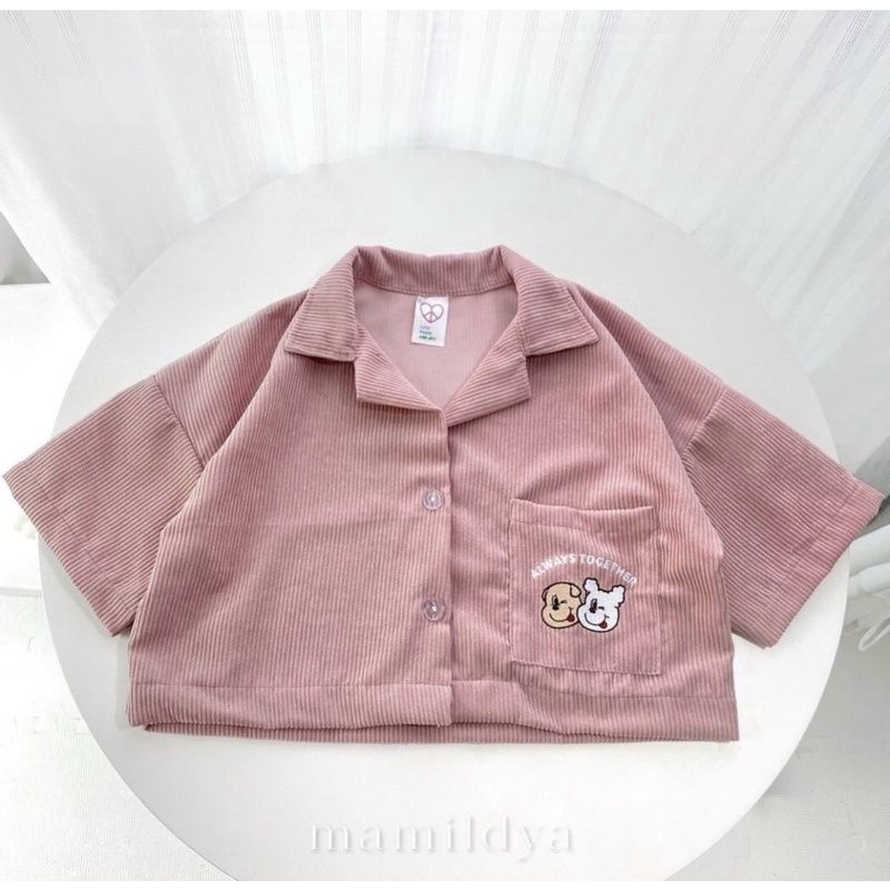 Áo Sơ mi Cổ vest croptop nhung gân thêu hình - PC