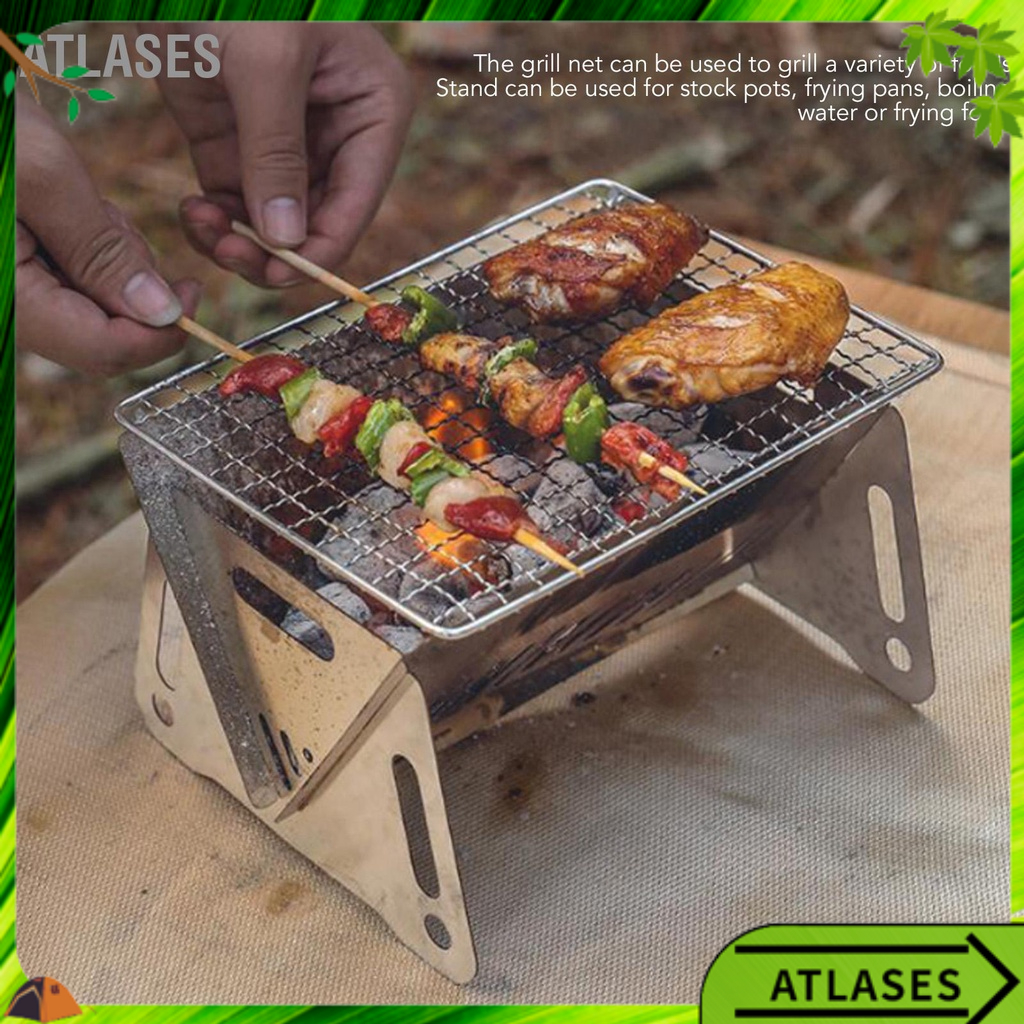 Vỉ nướng BBQ gấp bằng thép không gỉ chịu nhiệt Lò than có thể gập lại Cắm trại Nướng lỗ thông gió Atlases~