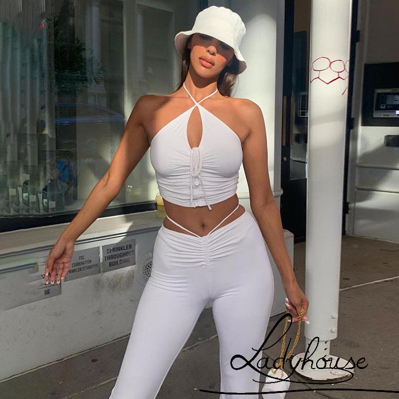 Bộ Trang Phục 2 Mảnh Gồm Áo Hai Dây Màu Trơn Và Quần Dài Lưng Cao Dành Cho Nữ 4 Màu Lựa Chọn