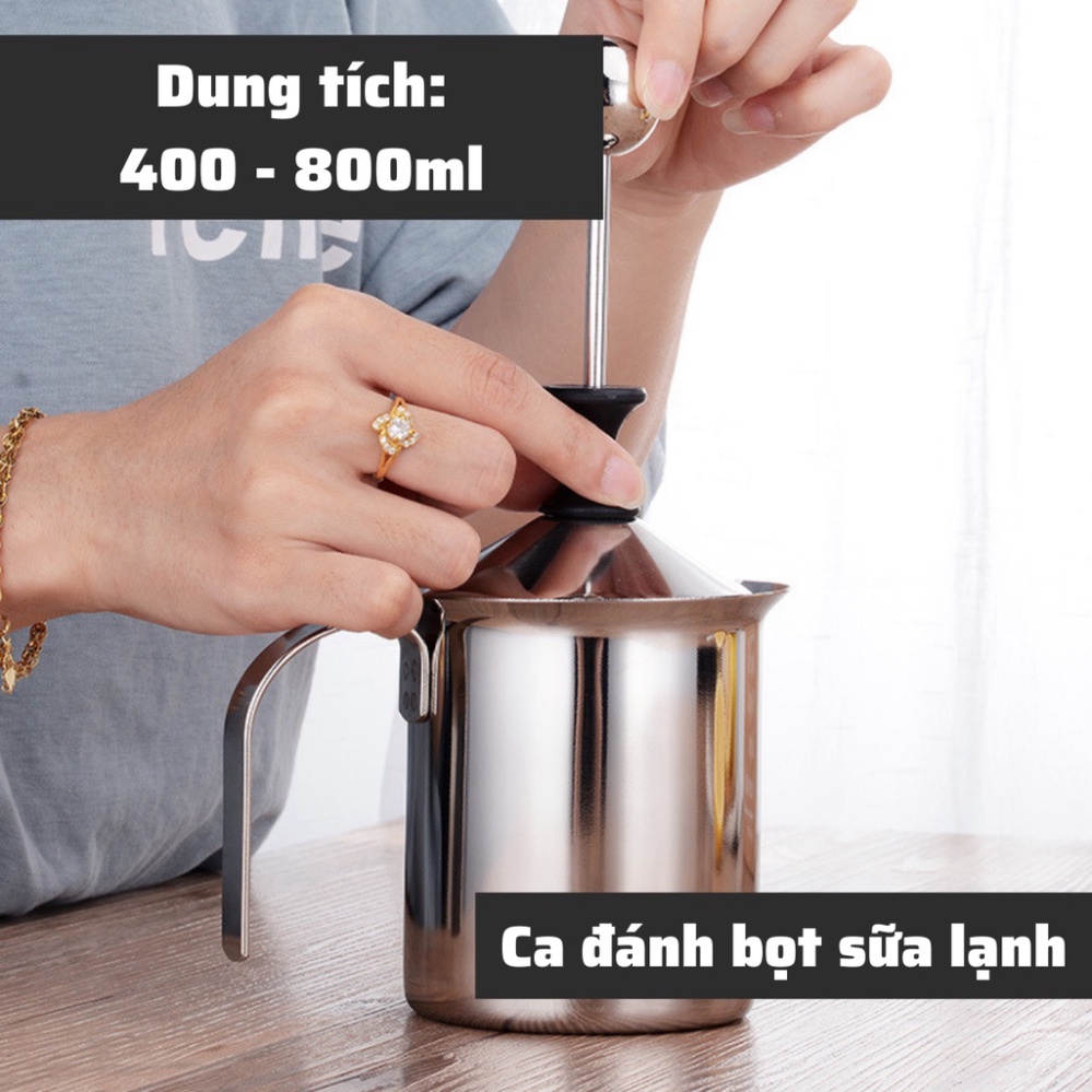 Ca đánh sữa lạnh Inox 304 Có Nắp cao cấp dung tích 400-800ml pha latte đổ hình nghệ thuật cà phê Espresso tạo bọt