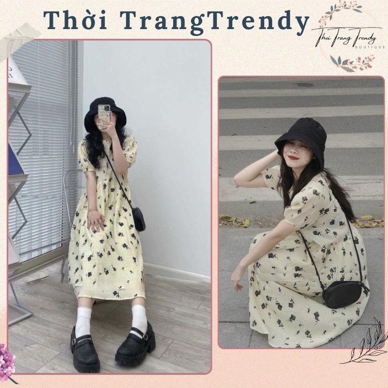 Váy Be Hoa Nhí Đen Dáng Suông Phối Tay Chun Đi Biển Đi Chơi Phong Cách Hàn SP000276-Thời TrangTrendy