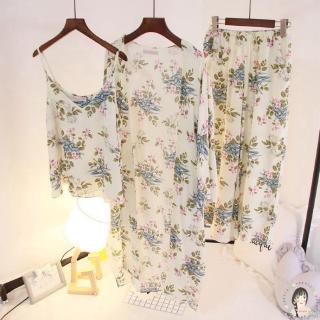 Set đồ ngủ áo khoác cardigan + áo sát nách hoạ tiết hoa + quần dài
