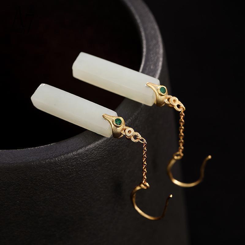 Khuyên Tai Bạc A7 S925 Dáng Vuông Dài Đính Đá Ngọc Bích Thời Trang Cho Nữ