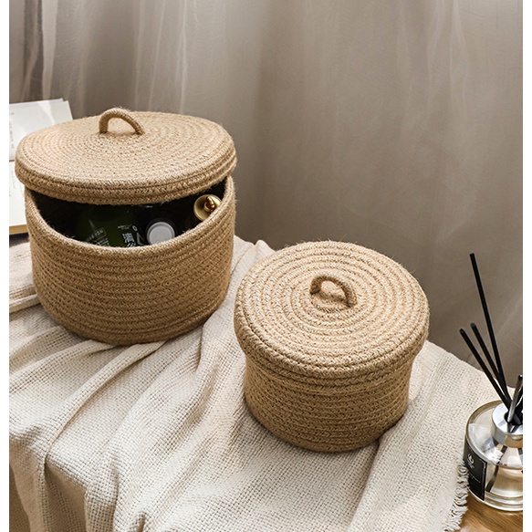 Giỏ Đan Sợi Đay Đựng Mỹ Phẩm Để Bàn Có Nắp Đậy Tiện Lợi