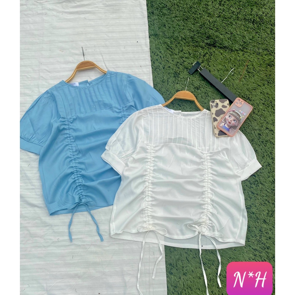 áo sơ mi kiểu rút eo cổ tròn tay ngắn | BigBuy360 - bigbuy360.vn