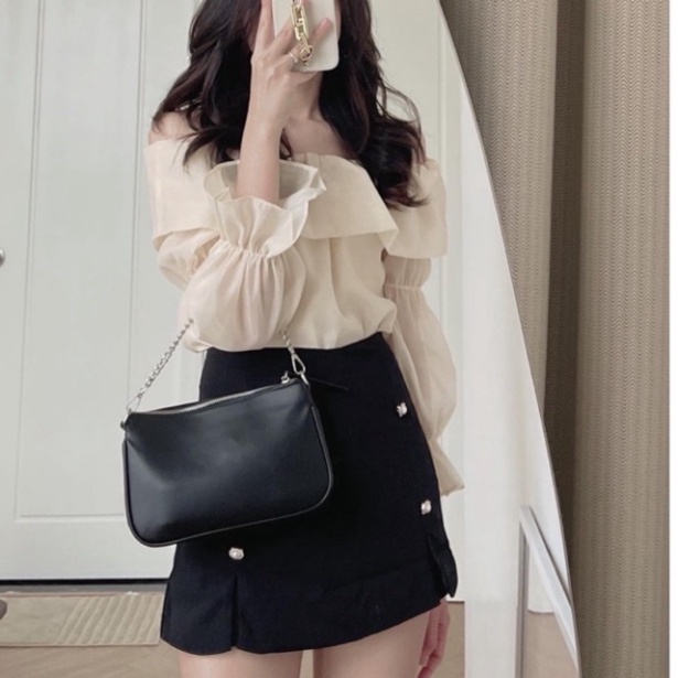 Áo sơ mi trễ vai 2 lớp hàng mới_001 ulzzang babydoll bánh bèo nội y xanh