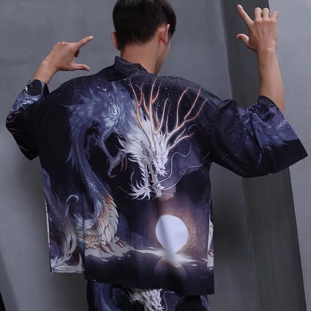Áo Sơ Mi Kimono Màu Đen In Hình Rồng Phong Cách Vintage Nhật Bản Cho Nam Giới