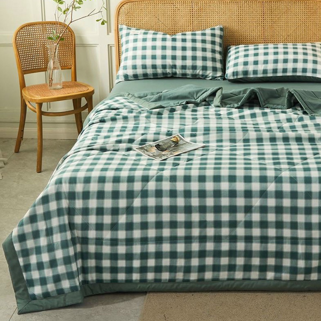 Bộ chăn ga gối cotton tici chăn trần EMMI Bedding mẫu Caro Xanh lá ,grap nệm thun lạnh Hàn Quốc Drap giường đệm đủ siz