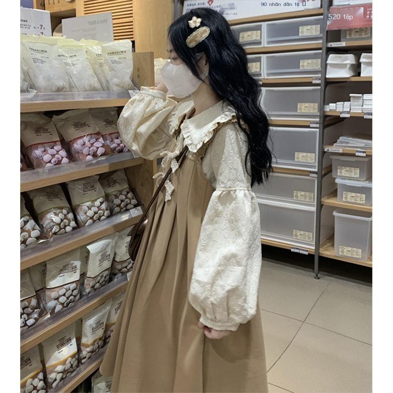 Bộ Áo Sơ Mi Cổ Búp Bê + Đầm Yếm Thắt Nơ Phong Cách Nhật Bản Dễ Thương Cho Nữ