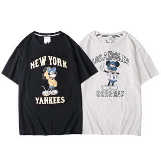 MLB Couples Fashion Cotton Mickey Cartoon Print Round Neck Loose T-shirt Summer Unisex