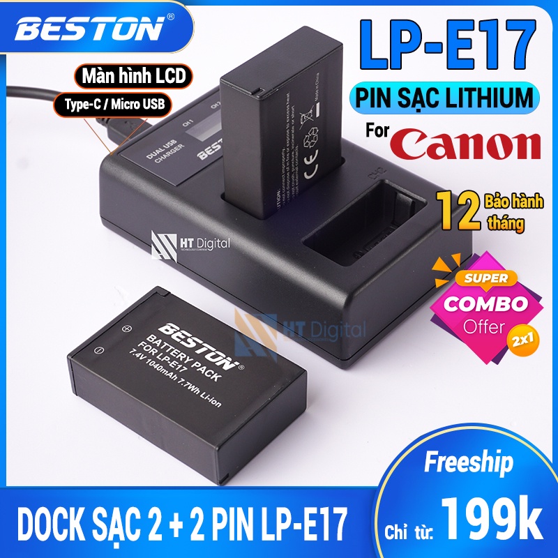 Bộ 2 Pin Canon LP-E17 + Sạc Đôi LP-E17 Beston Cho Canon 77D 750D 760D 800D 8000D 200D M3 M5 M6, EOS RP
