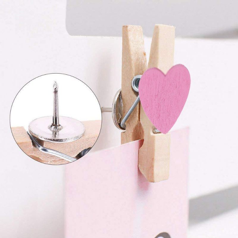 HO 20/50Pcs Push Pins With Wooden Clips Heart Pushpins Tacks Thumbtacks For Cork Boards Artworks Notes Photos Craft Projects