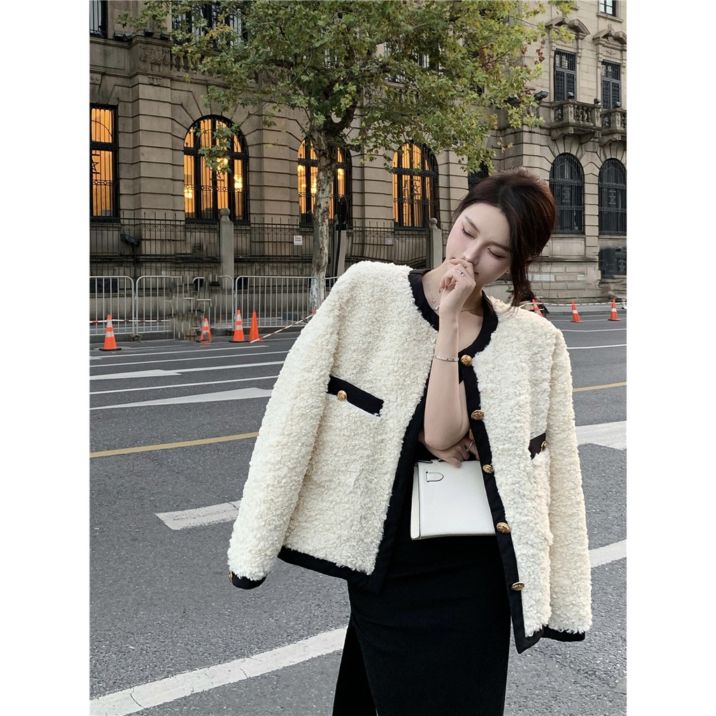 Áo khoác lông cừu nữ hàng Quảng Châu cao cấp phong cách sang chảnh thanh lịch thu đông đầu xu hướng