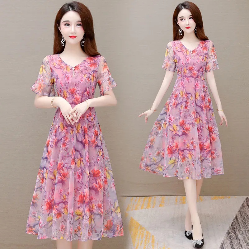 Đầm Chiffon Mỏng Tay Ngắn Che Bụng In Họa Tiết Kim Cương Phong Cách Phương Tây Thời Trang Mùa Hè Mới 2022 Cho Phụ Nữ Trung Niên