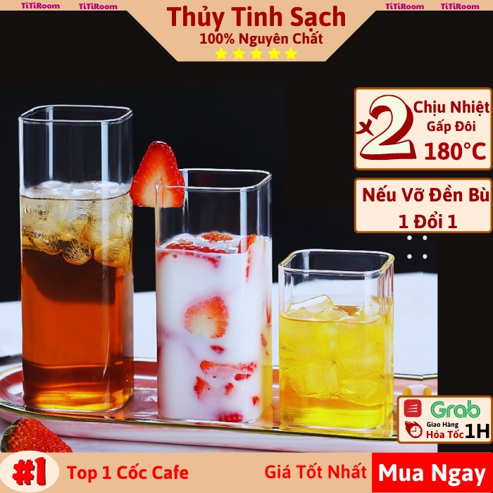 Cốc thủy tinh sạch vuông trong suốt dễ thương chịu nhiệt cao dùng pha cà phê, Ly thủy tinh uống sinh tố titiroom