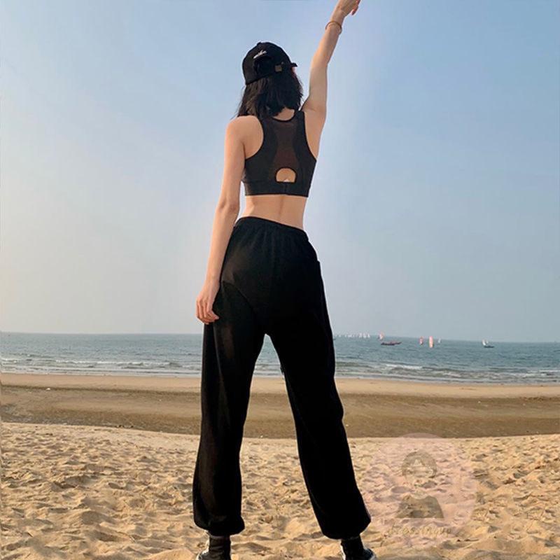 Quần Dài Harem Dáng Rộng Eo Co Giãn In Họa Tiết Chữ Màu Xám / Đen Cá Tính Cho Nữ