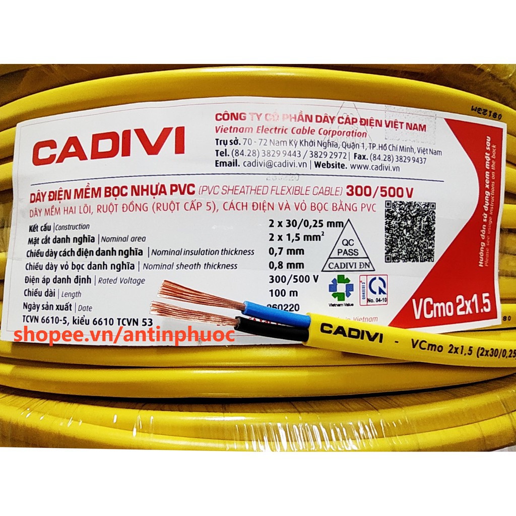 Dây điện đôi mềm VCmo CADIVI® / 2x0.5 - 2x0.75 - 2x1.0 - 2x1.5 (mm) [Bán lẻ theo 1 mét]