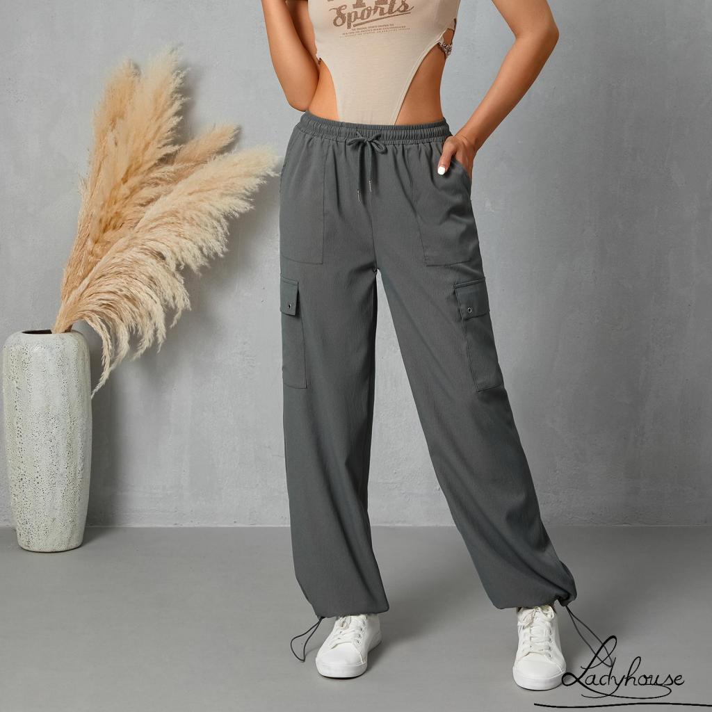 Quần Dài Dáng Suông Lưng Thấp Có Túi Bên Hông Màu Trơn Thời Trang Cho Nữ