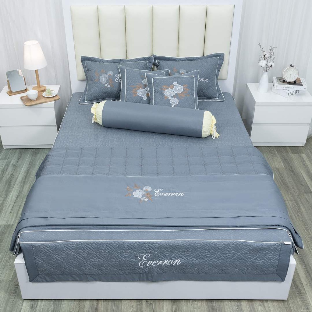Bộ chăn ga gối 5 món Satin thêu hoa cao cấp H&T Bedding